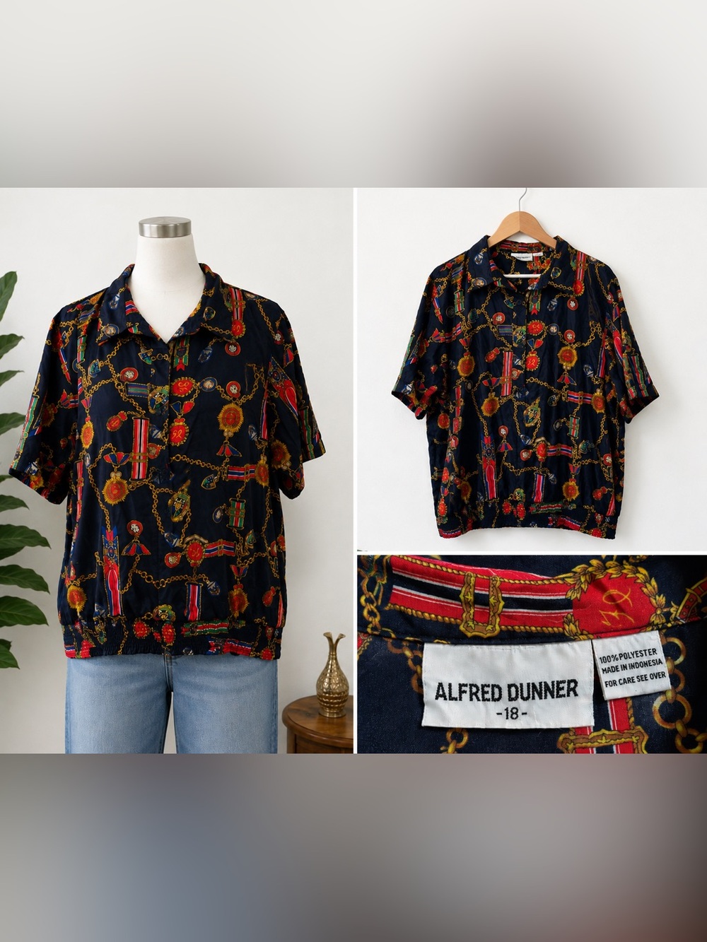 Alfred Dunner Navy Chain & Medallion Print Button Shirt